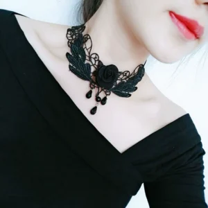 Victorian gothic black lace rose choker necklace