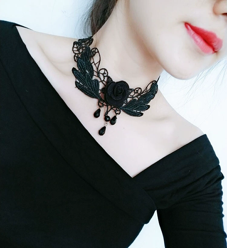 Victorian gothic black lace rose choker necklace