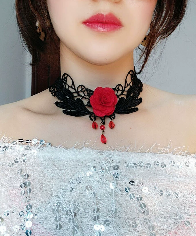Victorian gothic black lace rose choker necklace 2