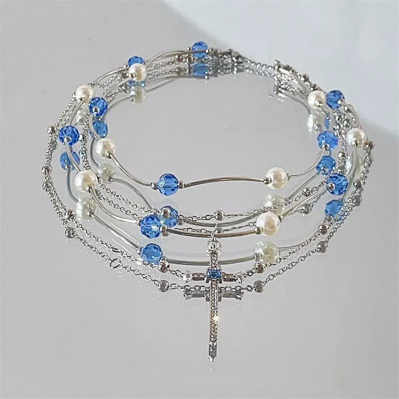 Gothic choker with layered blue pearls and cross pendant 3