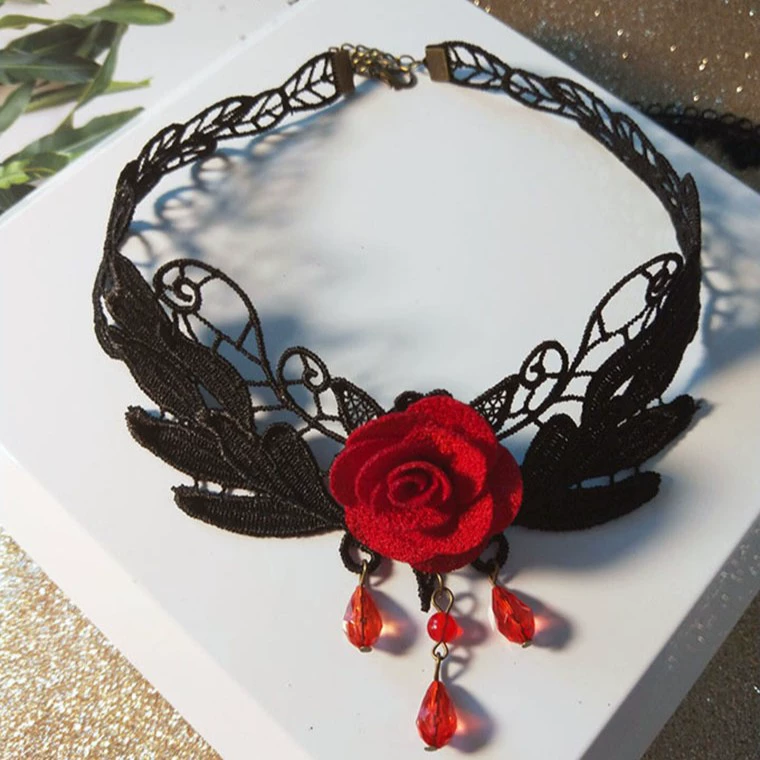 Victorian gothic black lace rose choker necklace 5