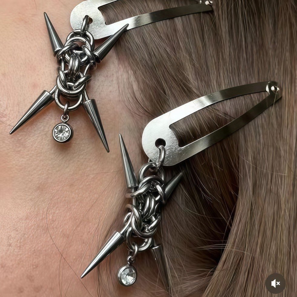 Punk spike chain hair clip earrings 2