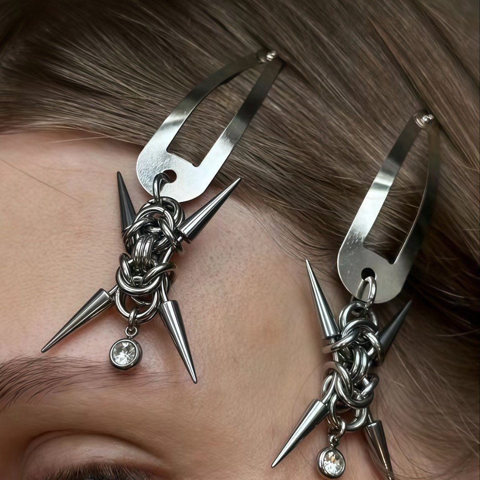 Punk spike chain hair clip earrings 3