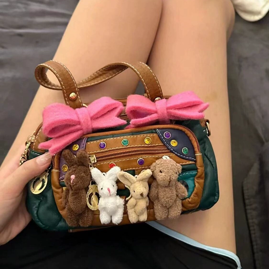 Vintage retro shoulder bag with butterfly and bunny motifs for Y2K style