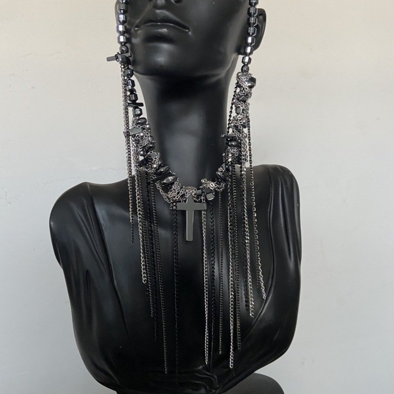 Dark punk choker with cross tassel and irregular beads on display 4