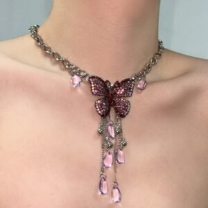 Purple butterfly tassel choker necklace on a model, heavy gauge metal, Darkvibe