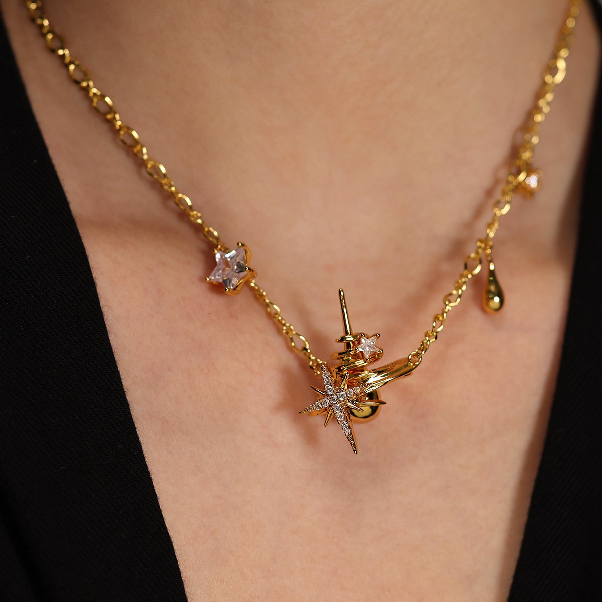 Star Orbit Sparkle Necklace for dark alternative styling view 2
