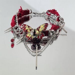 Gothic red velvet butterfly choker necklace with red velvet ribbon and silver butterfly pendant on a model's neck 3