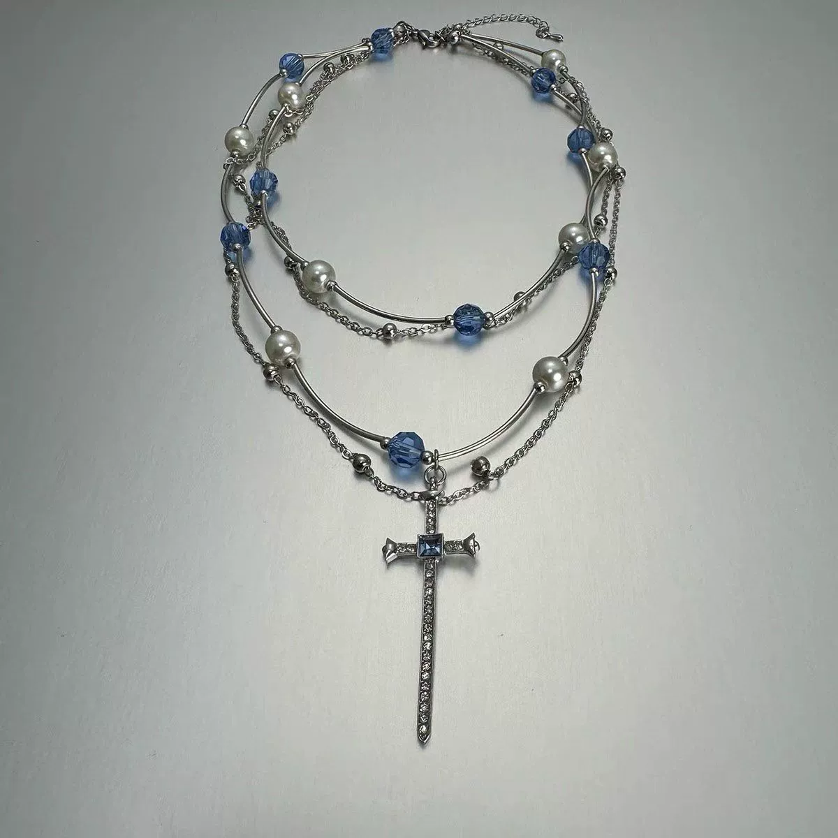 Gothic choker with layered blue pearls and cross pendant 2