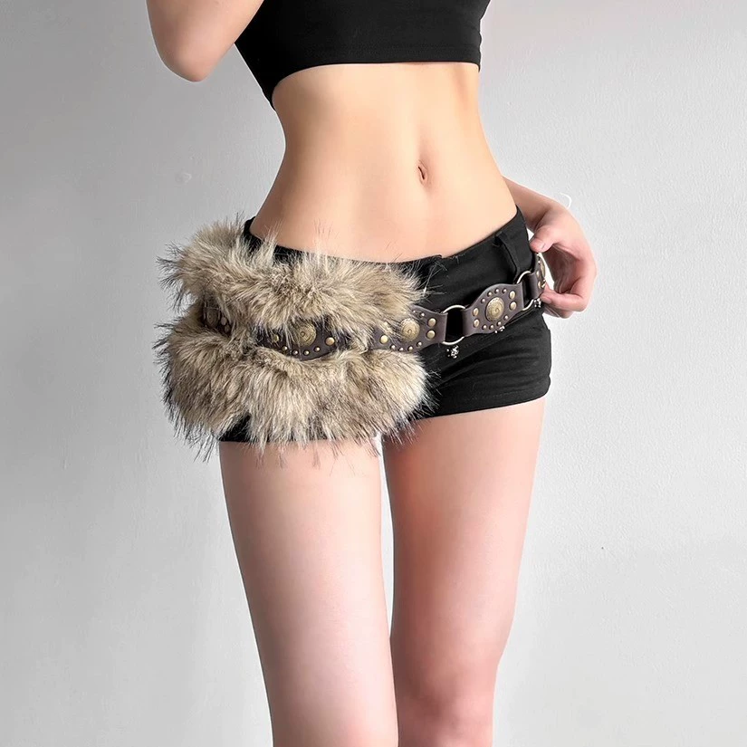 Bohemian western plush spliced punk belt in brown 3