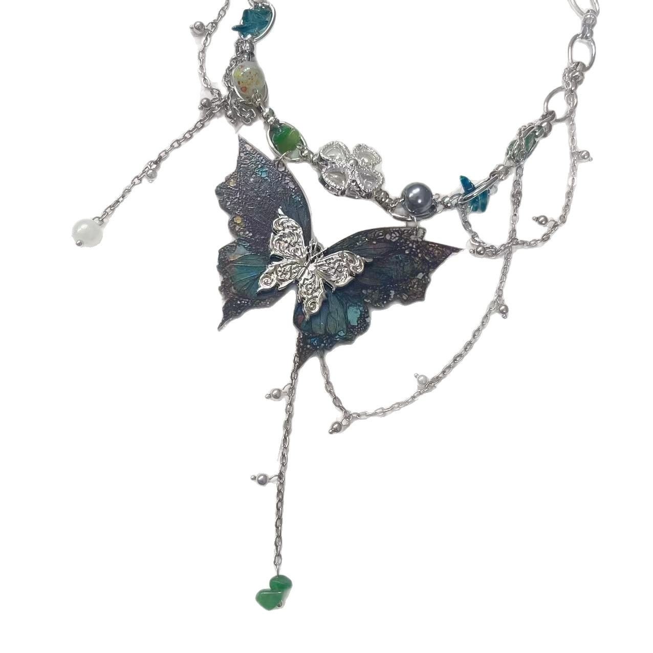 Y2K retro irregular beaded tassel butterfly choker on a model