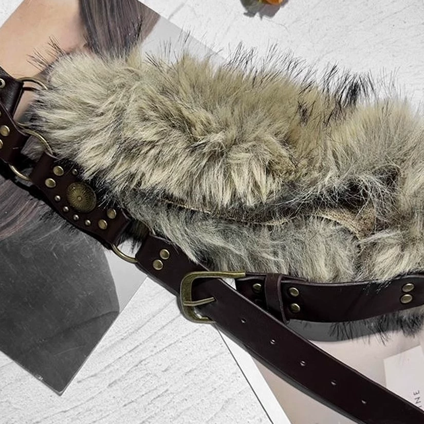Bohemian western plush spliced punk belt in brown 2