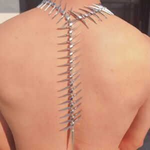 Silver thorn and fish bone back necklace with surreal futuristic design 3