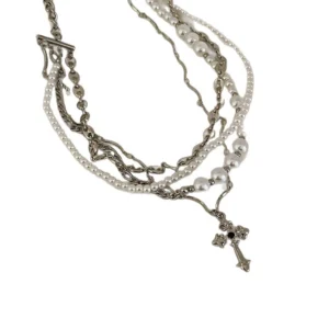 Y2K gothic pearl layered choker on a model