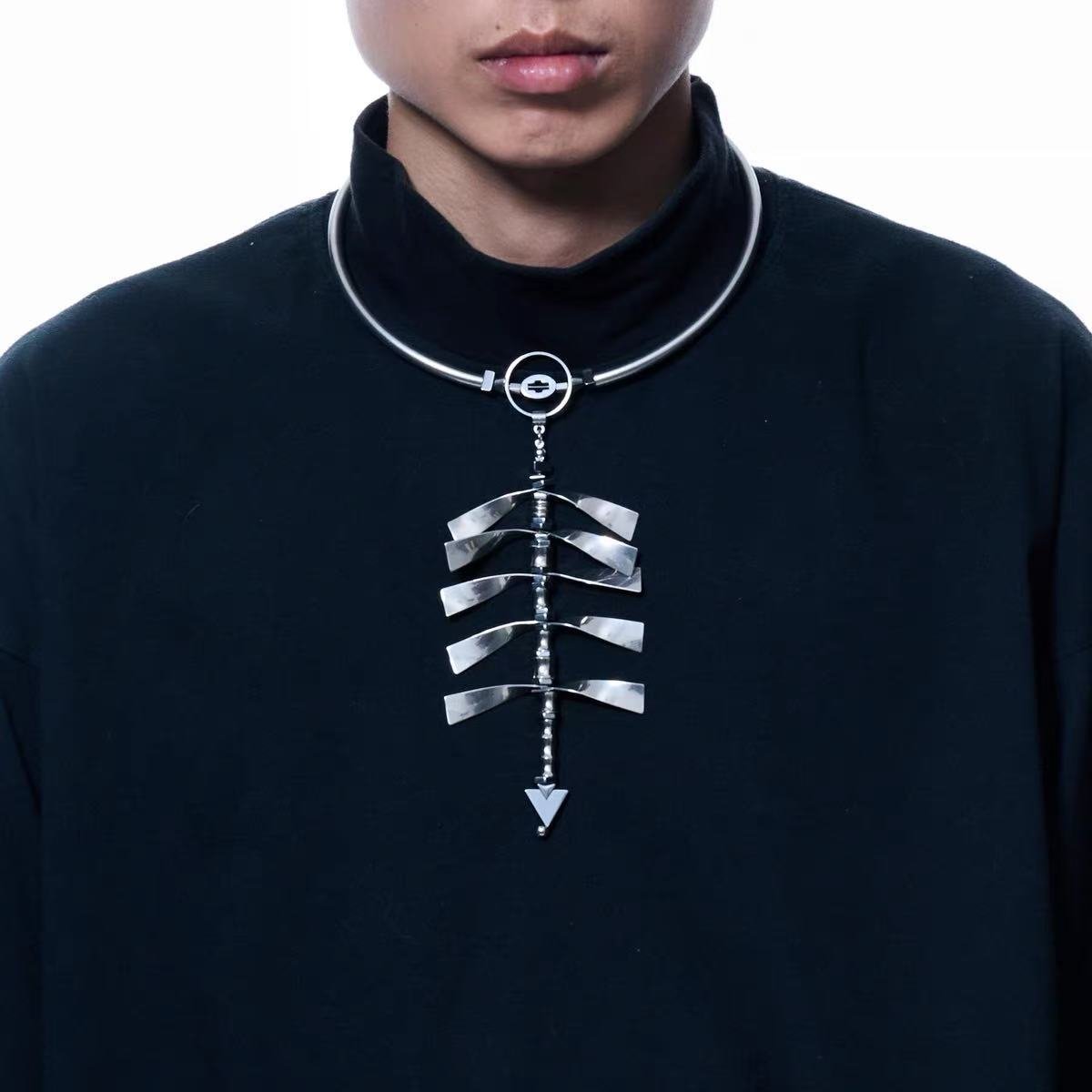 Void spine punk titanium steel necklace on dark background 2