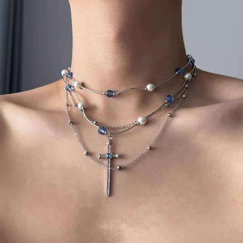 Gothic choker with layered blue pearls and cross pendant 4