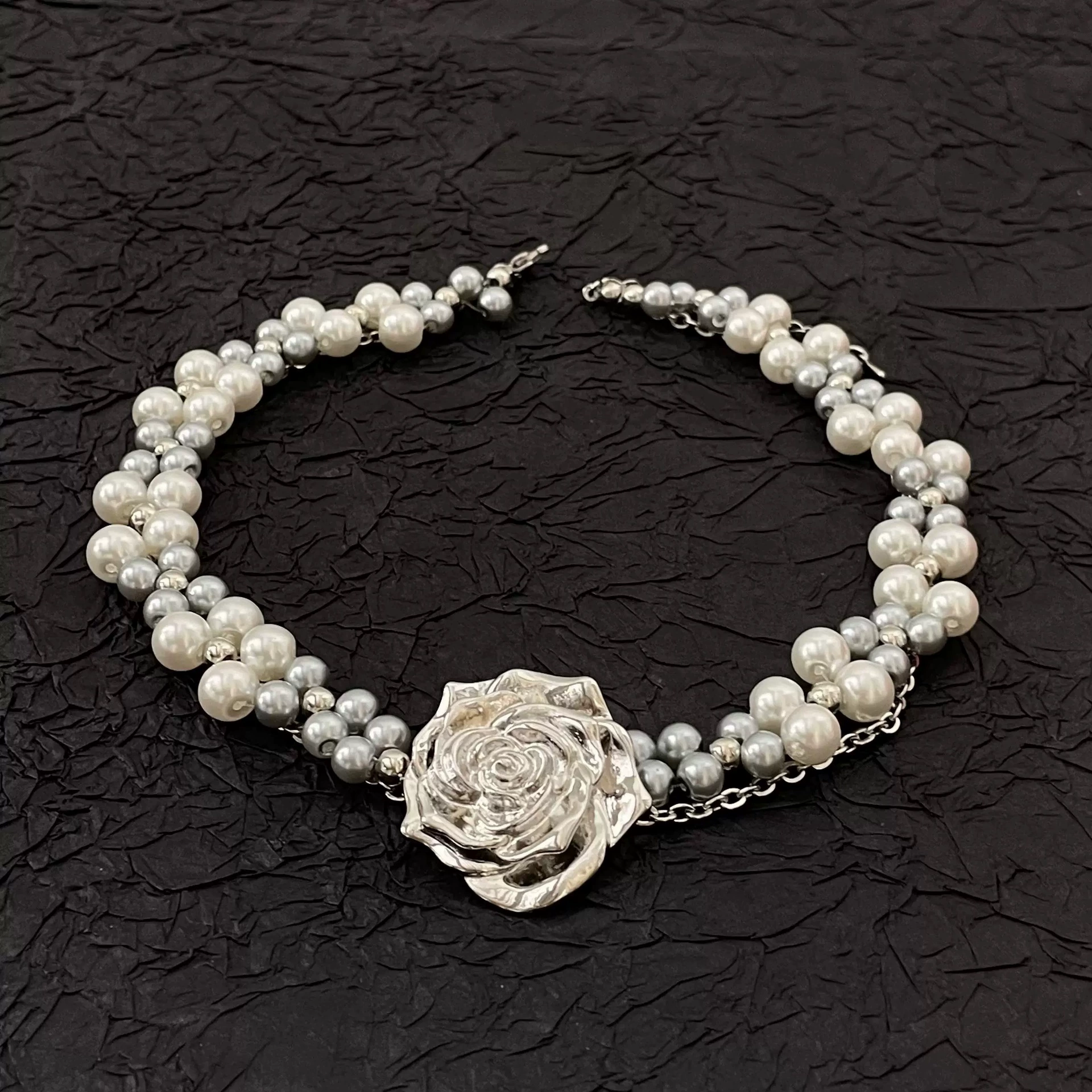 French Rose Pearl Choker for dark alternative styling view 2