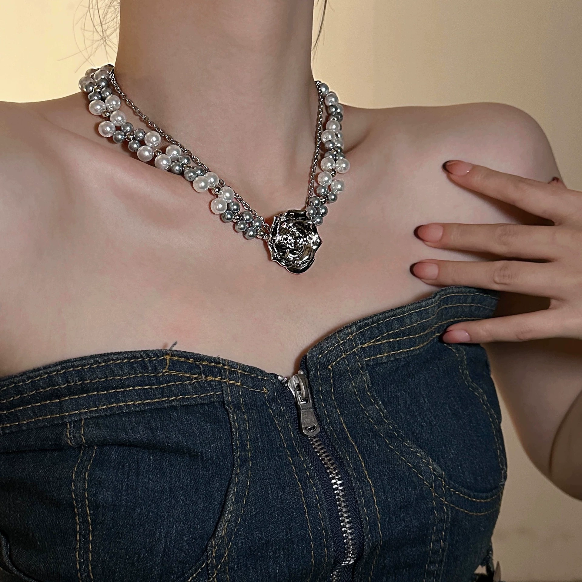 French Rose Pearl Choker for dark alternative styling view 3