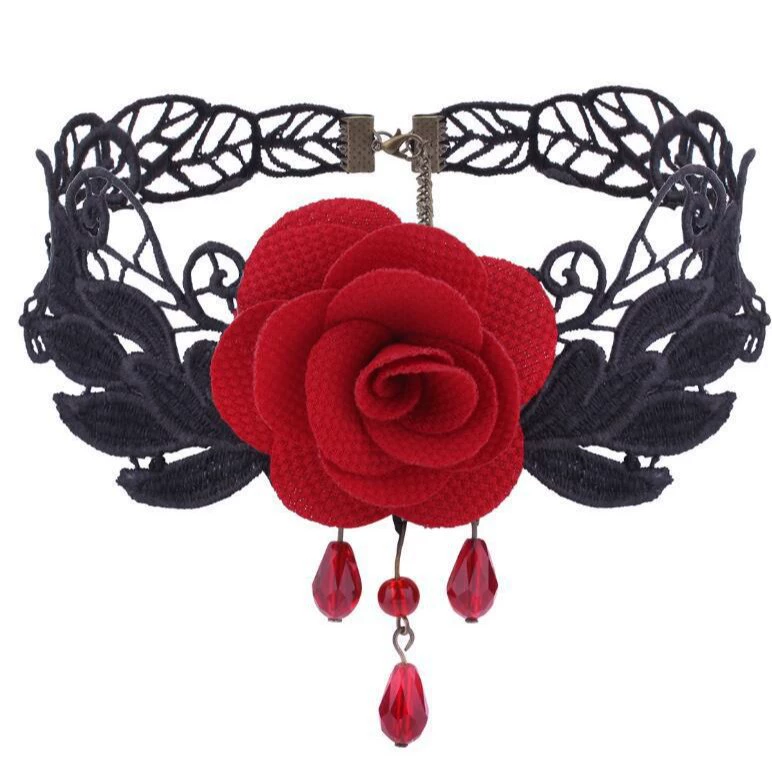 Victorian gothic black lace rose choker necklace 4