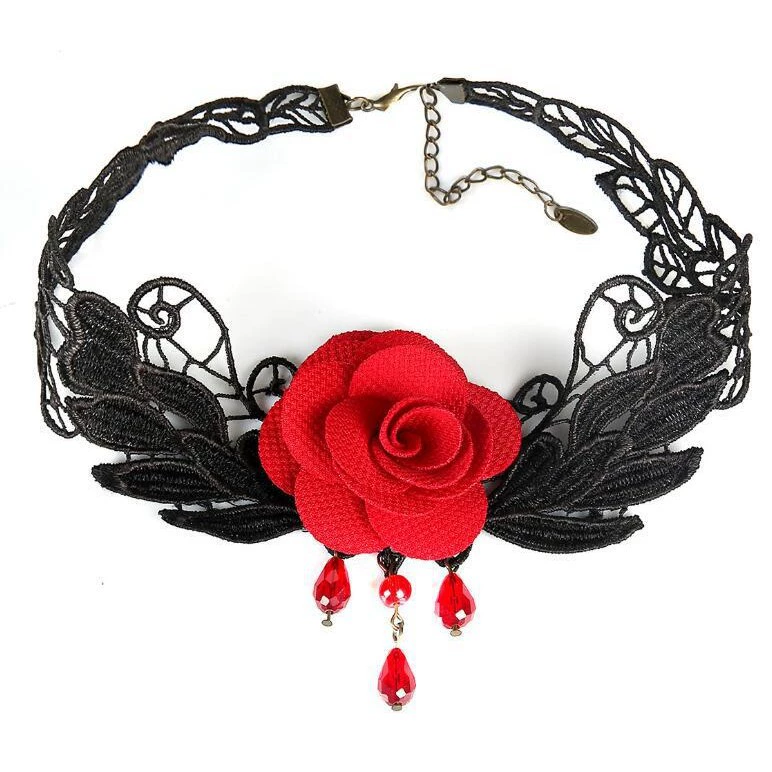 Victorian gothic black lace rose choker necklace 3