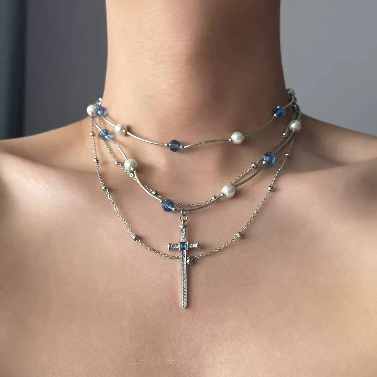 Gothic choker with layered blue pearls and cross pendant 5