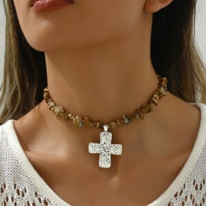 Handmade rustic wasteland cross choker with irregular natural stone beads