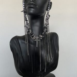 Dark punk choker with cross tassel and irregular beads on display