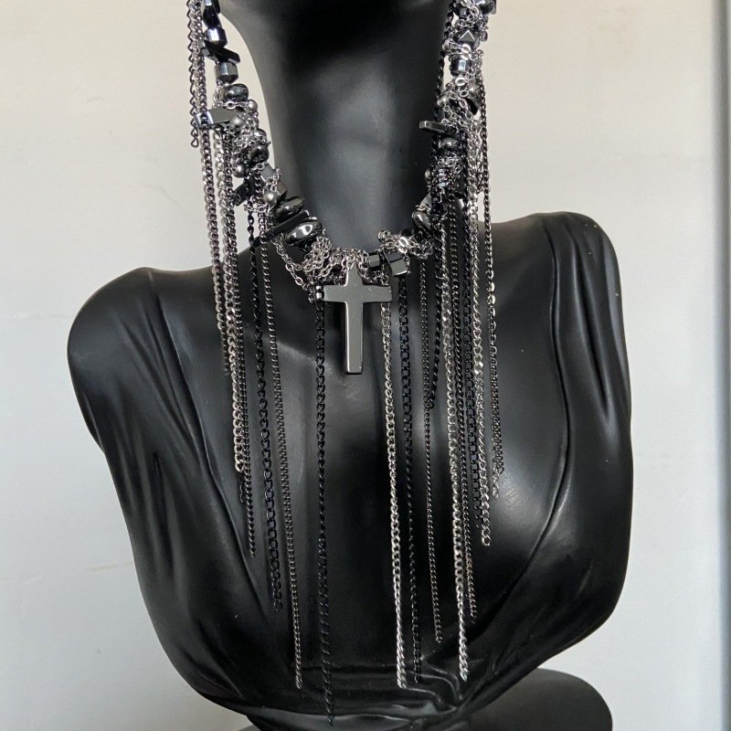 Dark punk choker with cross tassel and irregular beads on display 5