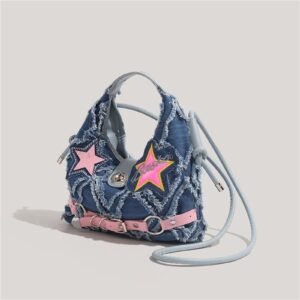 Denim crescent handbag with star punk style