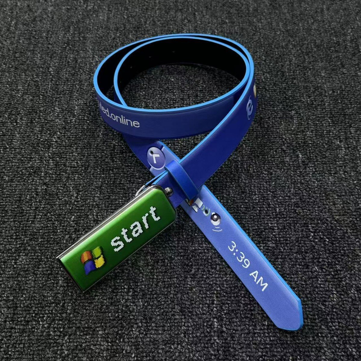 Retro desktop taskbar blue belt styled flat lay