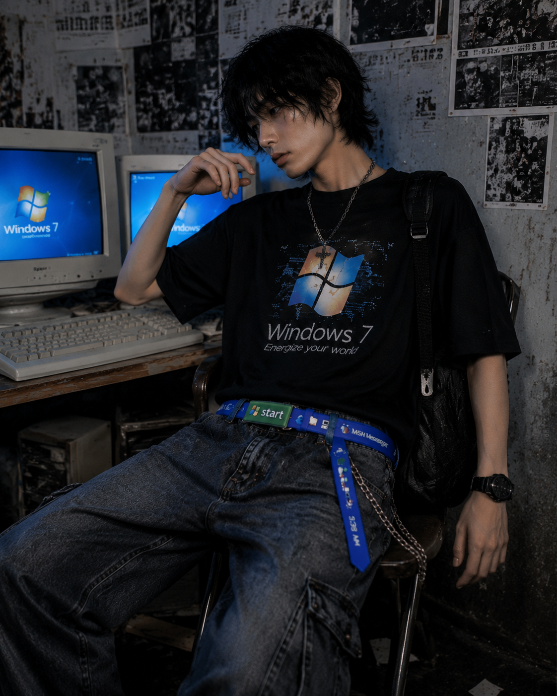Retro desktop blue belt alternative outfit styling