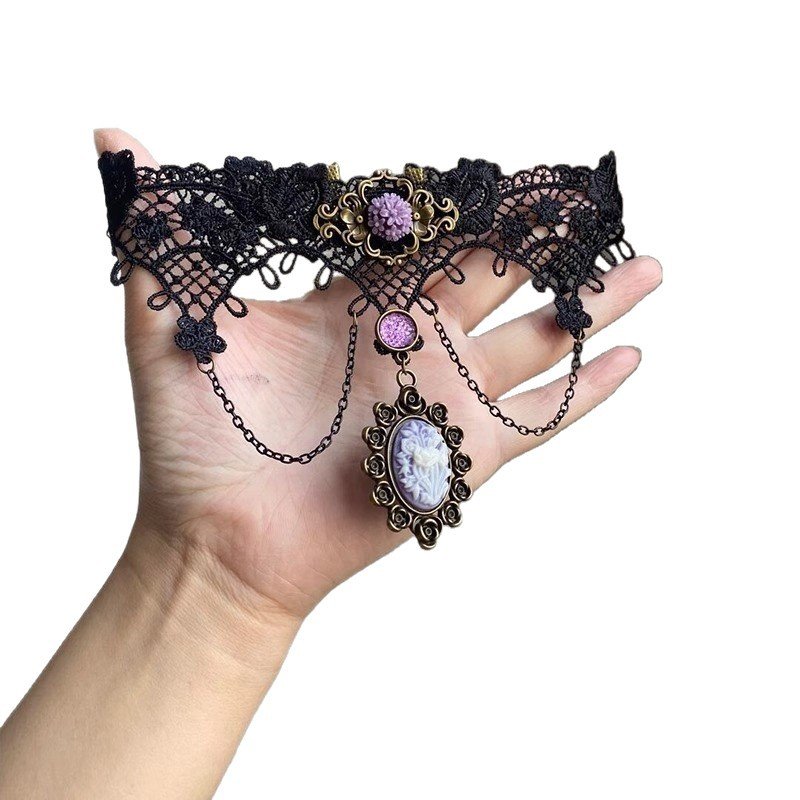 Y2K purple tassel lace choker with Lolita Harajuku style 5