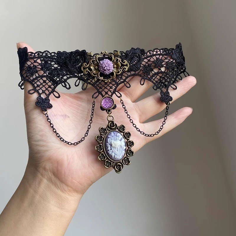 Y2K purple tassel lace choker with Lolita Harajuku style