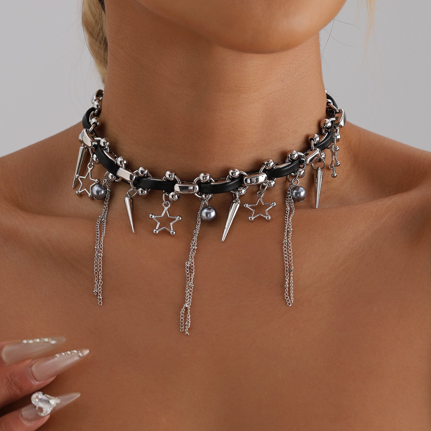 Gothic pentagram tassel choker in black, gold, and white 4