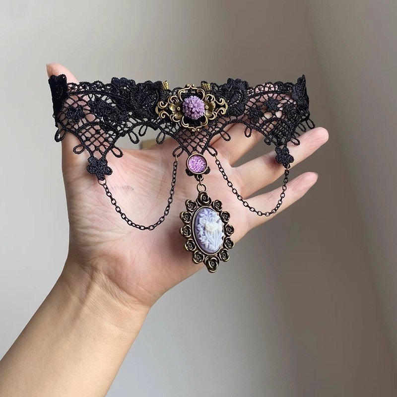 Y2K purple tassel lace choker with Lolita Harajuku style 3