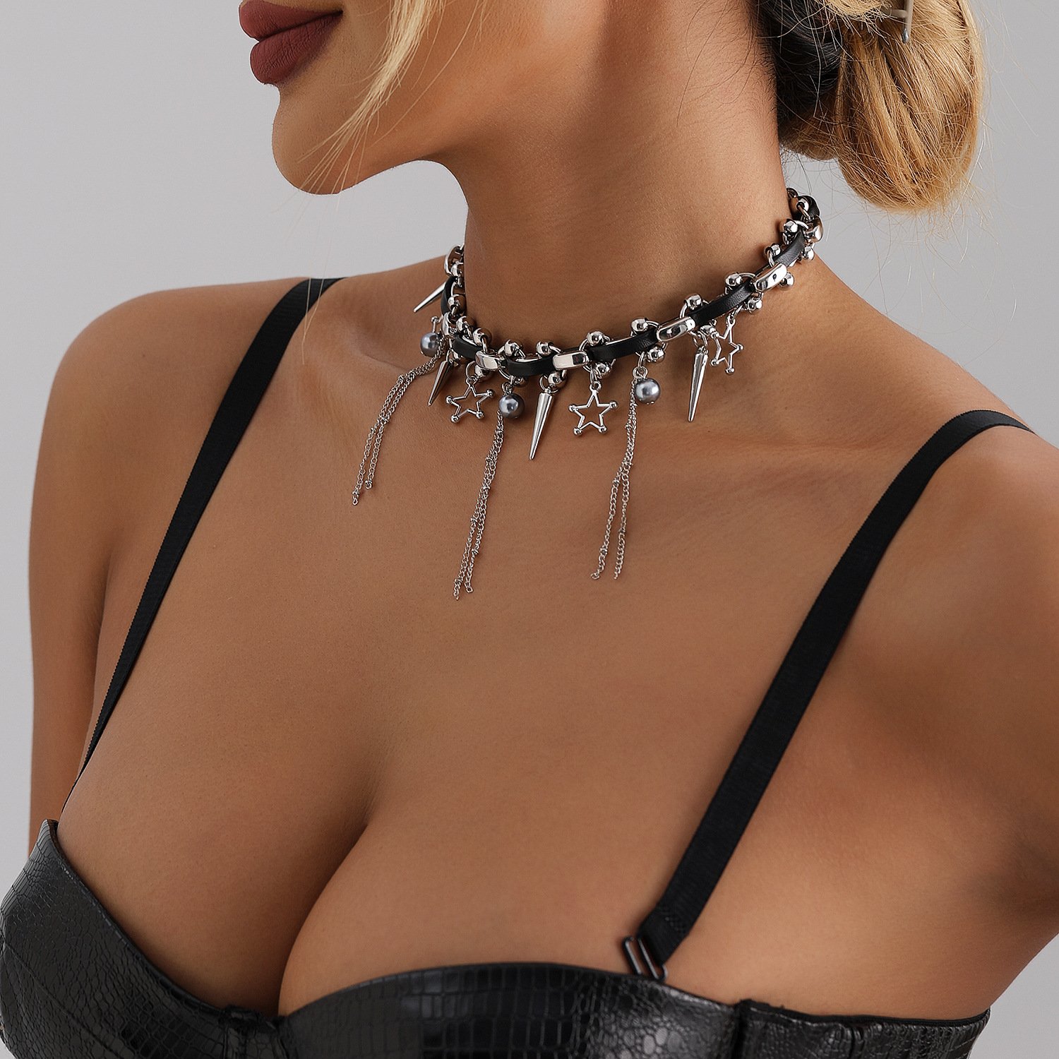 Gothic pentagram tassel choker in black, gold, and white 5
