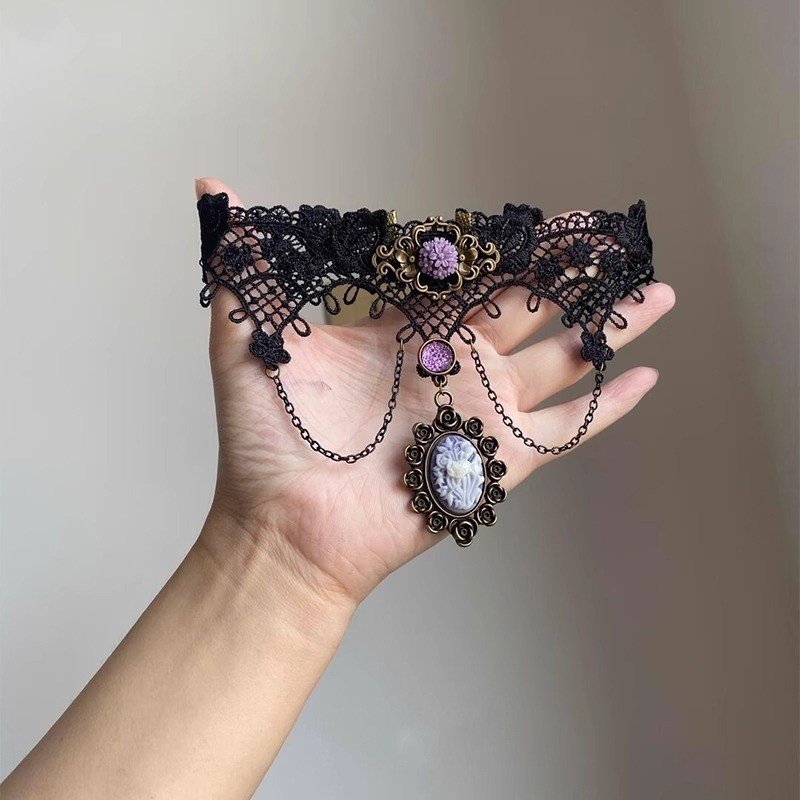 Y2K purple tassel lace choker with Lolita Harajuku style 2